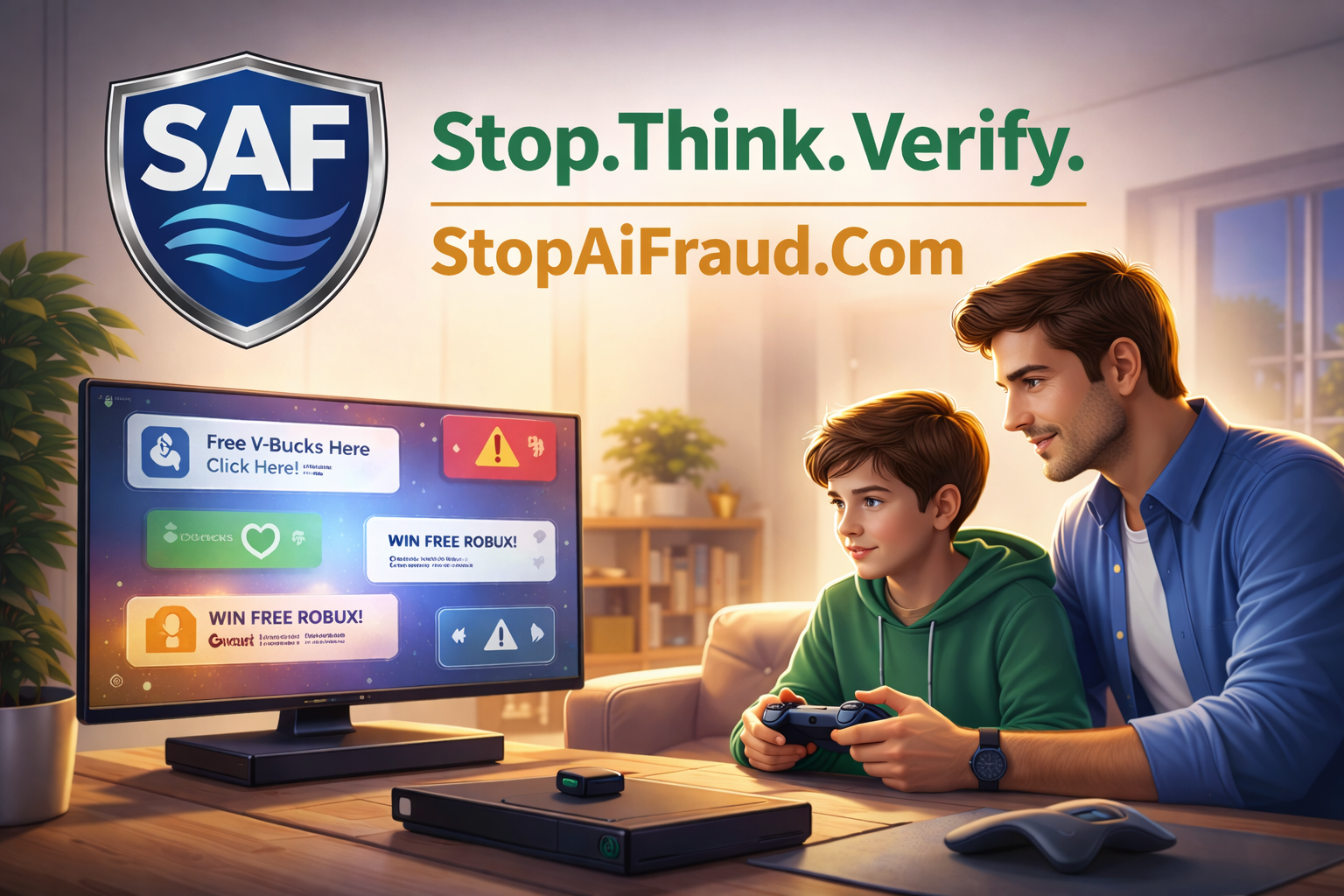Parent and child gaming together with SAF Stop Think Verify message