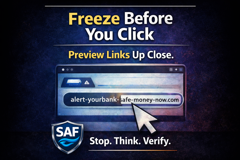 SAF fraud awareness poster: Check the URL Every Time. Preview Links Up Close. Hover over links to inspect URLs before clicking.