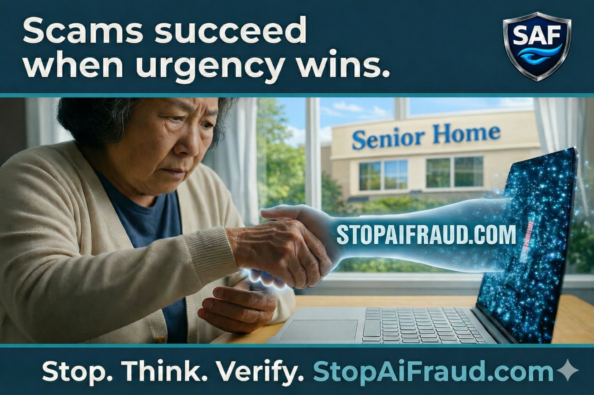 Senior woman interacting with a digital interface illustrating how urgency-based scams manipulate trust. StopAiFraud public safety graphic.