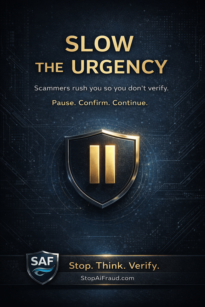 SAF fraud awareness poster: Slow the Urgency. Fraud Fades When You Slow Down. Urgent + Unexpected?