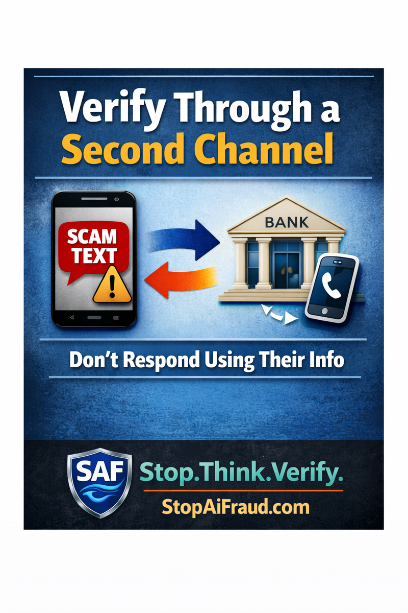SAF fraud awareness poster: Verify Through a Second Channel. Lock It. Use It. Secure your verification process.