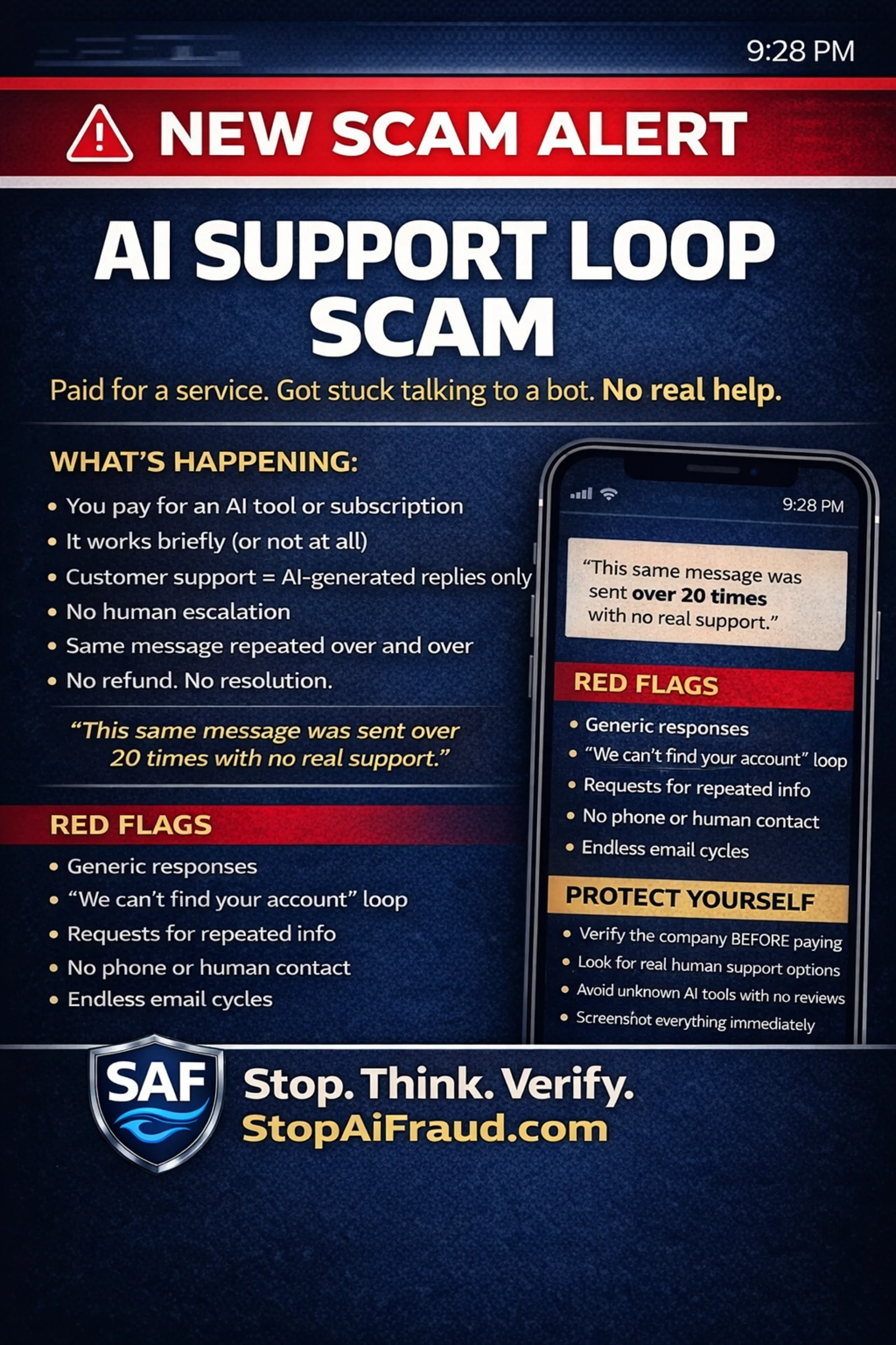 StopAiFraud New Scam Alert - AI Support Loop Scam warning graphic