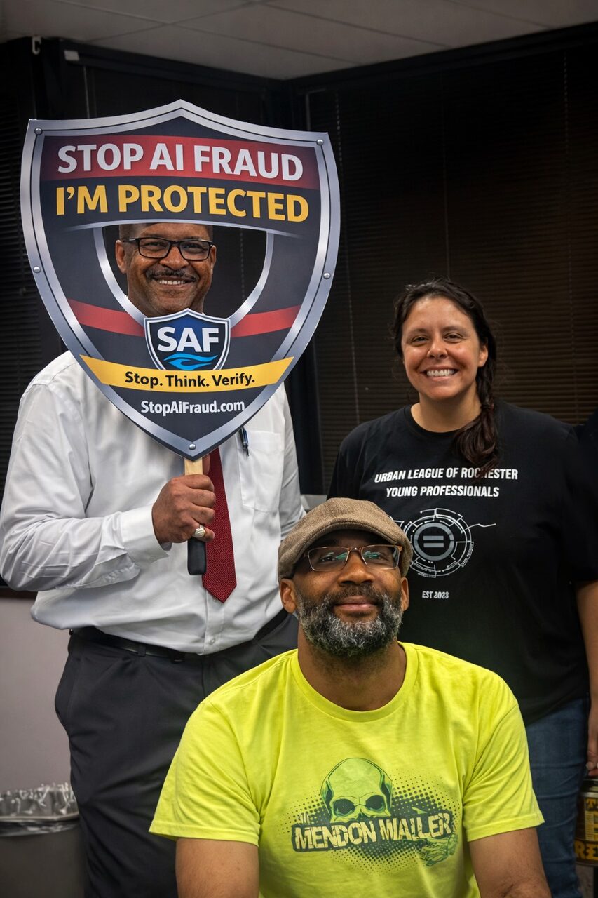 Community partners and SAF team members standing together with the StopAiFraud awareness shield after a successful event.